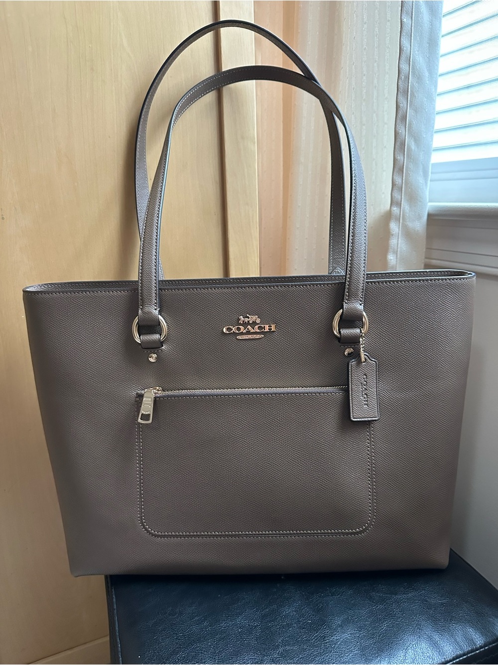 Coach Brown Taupe Leather Tote with Front Zip Pocket